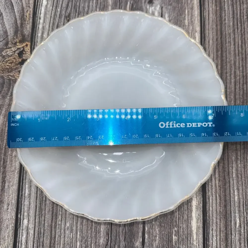 Vintage Fire King Milk Glass Swirl Bowls Gold Trim Set of 4 Anchor Hocking 7.5